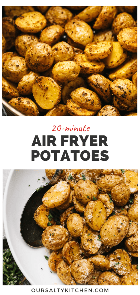 2 pics of finished roasted potatoes, with a middle banner that reads 20 minute air fryer potatoes.