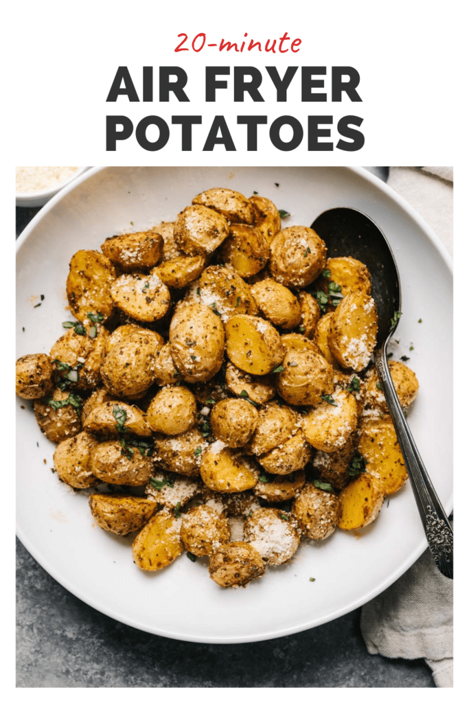 Roasted air fryer potatoes in a bowl with a top banner that reads 20 minute air fryer potatoes.