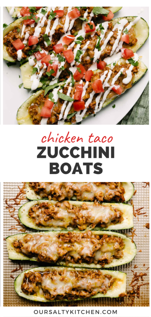 Top pic of finished stuffed zucchini boats, bottom is cooking taco zucchini boats on a sheet pan, middle banner reads chicken taco zucchini boats.