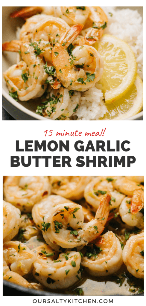 2 pictures of cooked shrimp, with a middle banner that reads 15 minute meal lemon garlic butter shrimp.