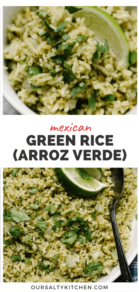 2 pictures of Mexican green rice in bowls, and a middle banner that reads Mexican green rice arroz verde.