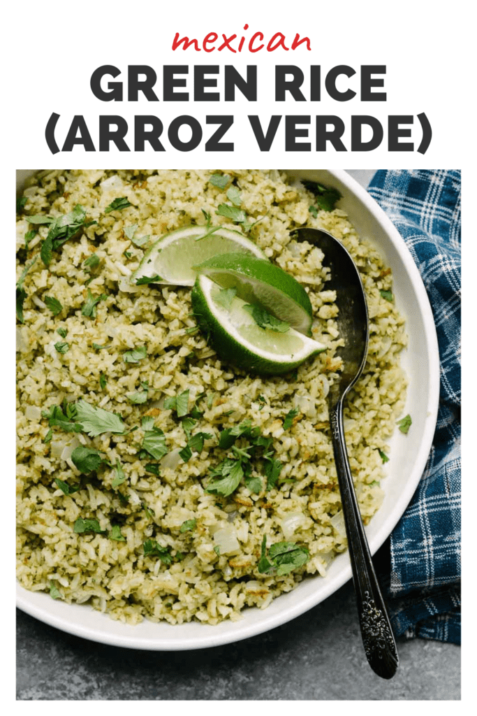 A bowl of green rice with a lime and a top banner that reads Mexican Green Rice arroz verde.