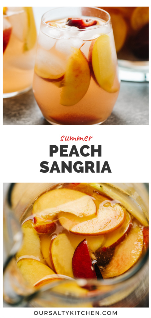 A pitcher and wine glasses filled with peach sangria, a middle banner reads summer peach sangria.