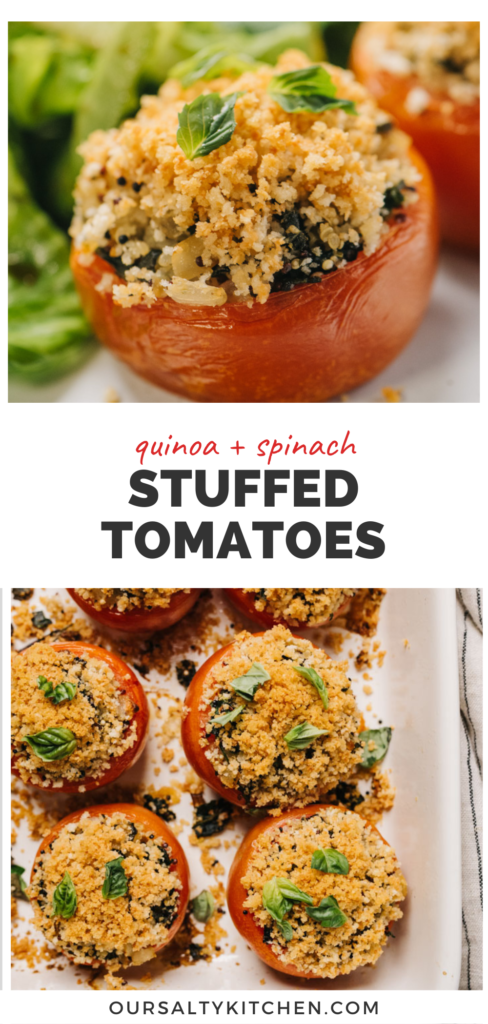 Pinterest collage for stuffed tomatoes with quinoa, spinach, and basil.