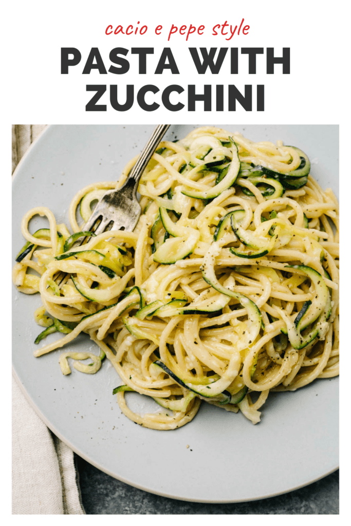 Pinterest image for light and seasonal pasta with zucchini and parmesan sauce.