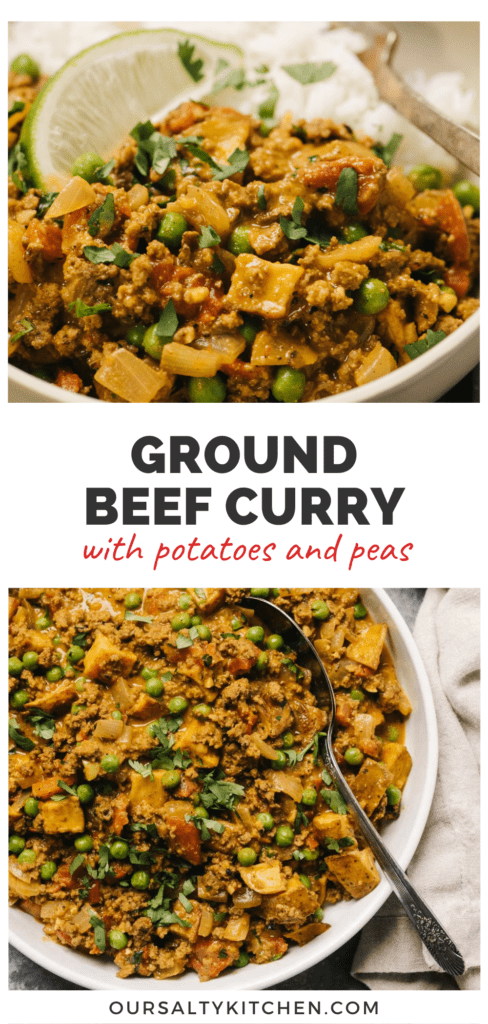 2 photos of ground beef keema curry, with a middle banner that reads ground beef curry with potatoes and peas