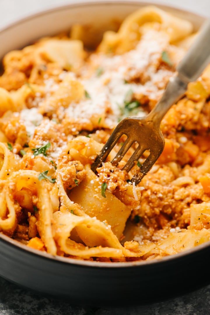 A fork in pasta bolognese. 