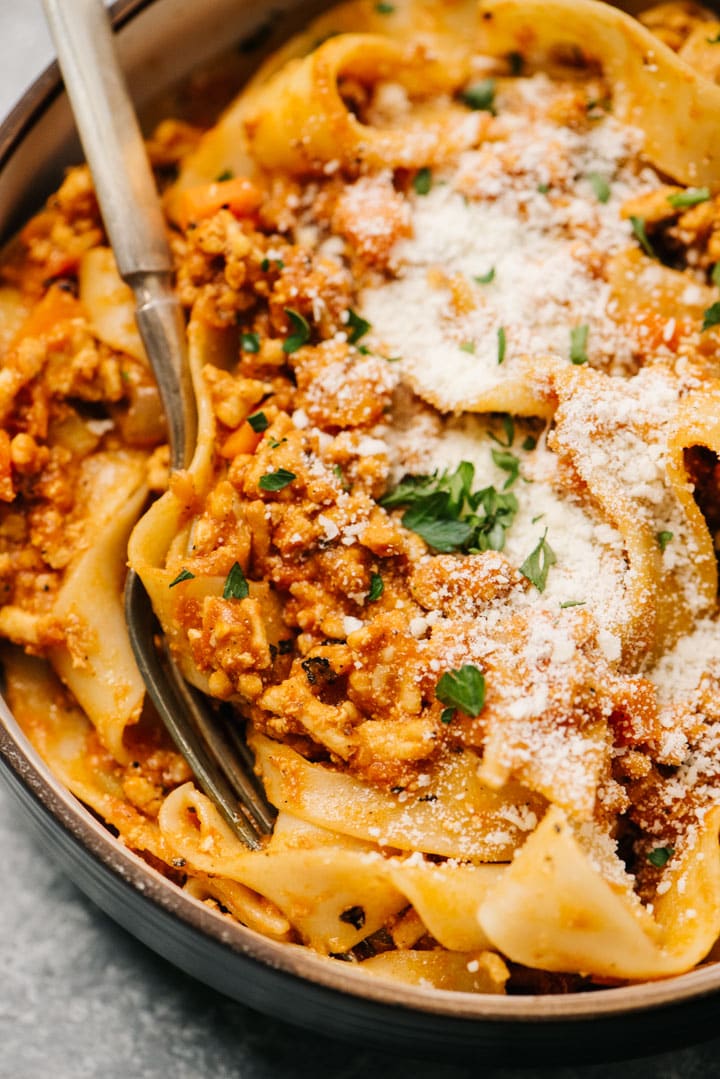 Chicken bolognese ready to eat on a plate. 