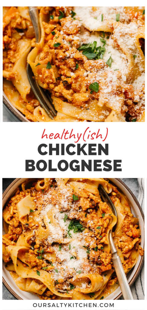 Two photos of chicken bolognese with a middle banner that reads healthy-ish chicken bolognese.