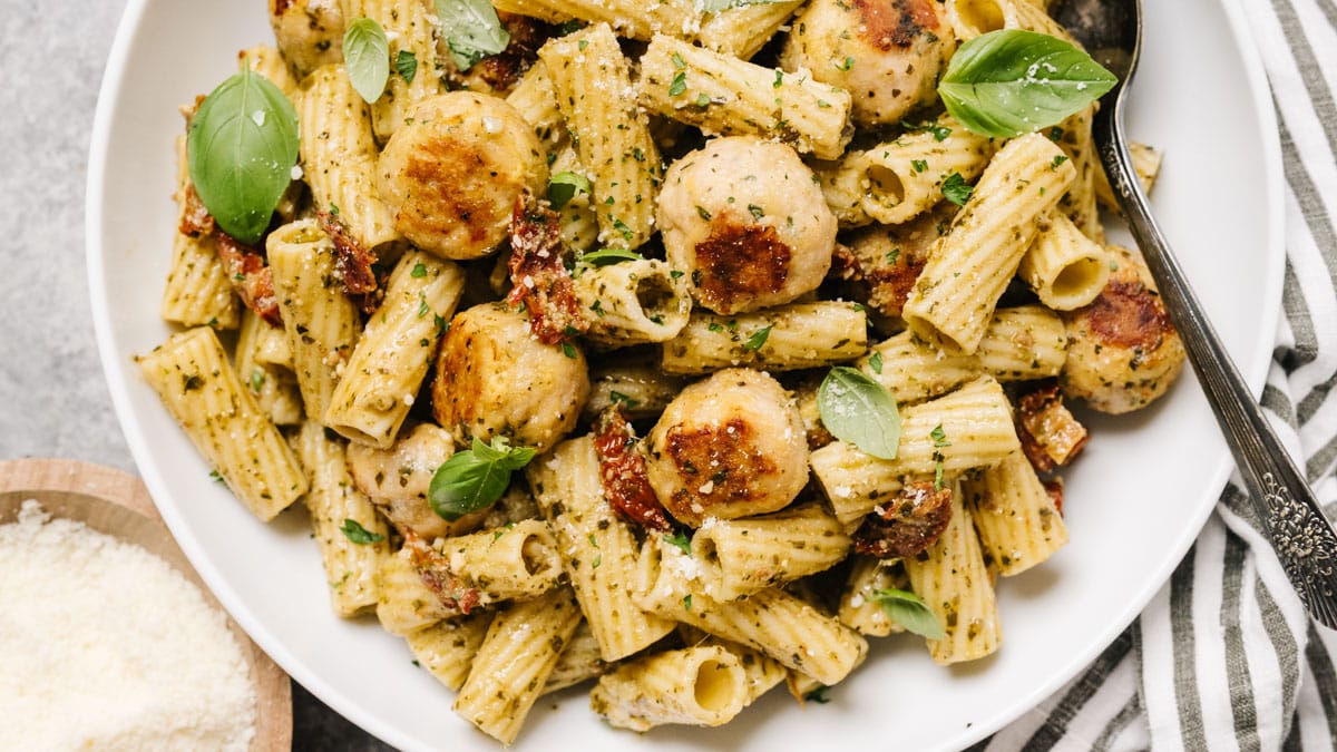 Chicken Pesto Pasta with Meatballs - Our Salty Kitchen
