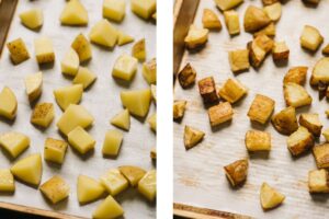 Diced yukon gold potatoes on a baking sheet before and after roasting.