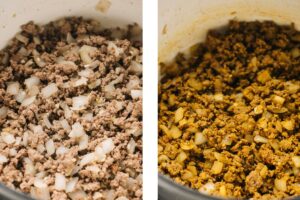 Left - ground beef with onions, ginger, and garlic in a dutch oven. Right - ground beef seasoned with Indian spices in a dutch oven.
