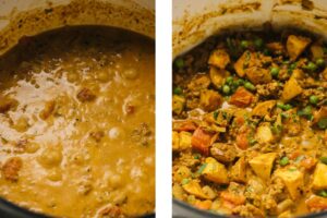 Left - ground beef curry before simmering. Right - ground beef curry with peas and potatoes in a dutch oven.