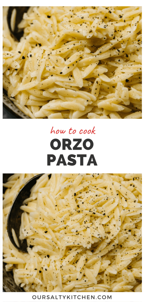 2 photos of orzo pasta with a middle banner that reads how to cook orzo pasta.