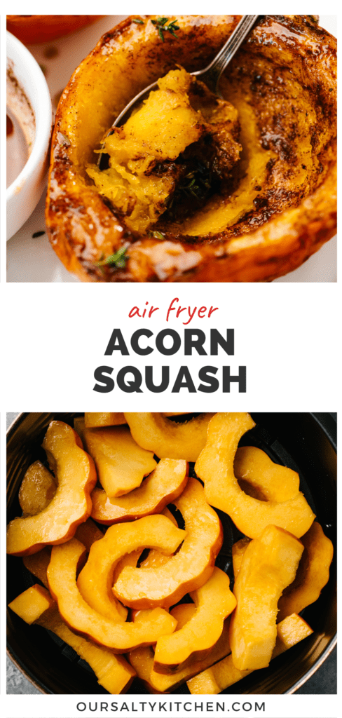 A photo of an air fried acorn squash half and air fried acorn squash slices with a middle banner that reads air fryer acorn squash.