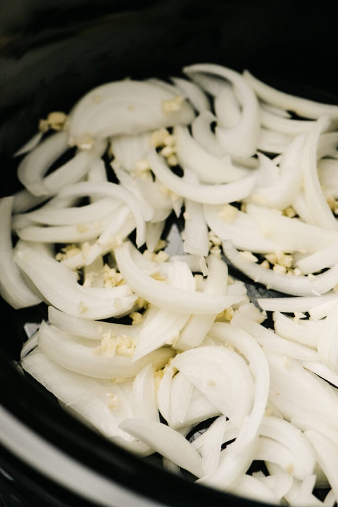 Side view, sliced onions and chopped garlic in a slow cooker.