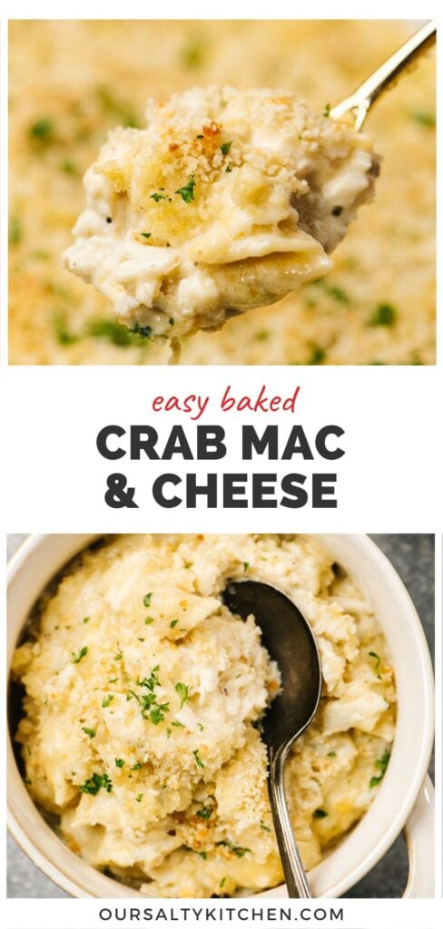 Top - a portion of crab mac and cheese on a serving spoon; bottom - crab mac and cheese in a white bowl with a serving spoon; title bar in the middle reads "easy baked crab mac and cheese".