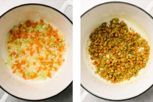 Left - onions, carrots, and celery sautéed in coconut oil; right - sautéed mirepoix with garlic, ginger, curry, and seasonings.