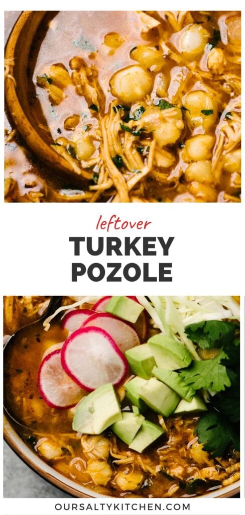 2 photos of turkey pozole with a middle banner that reads leftover turkey pozole.