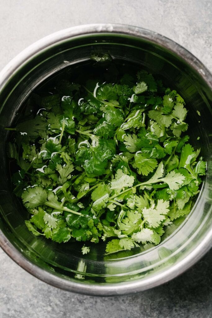 Rinsing cilantro leaves in a stainless steel bowl to remove grit.