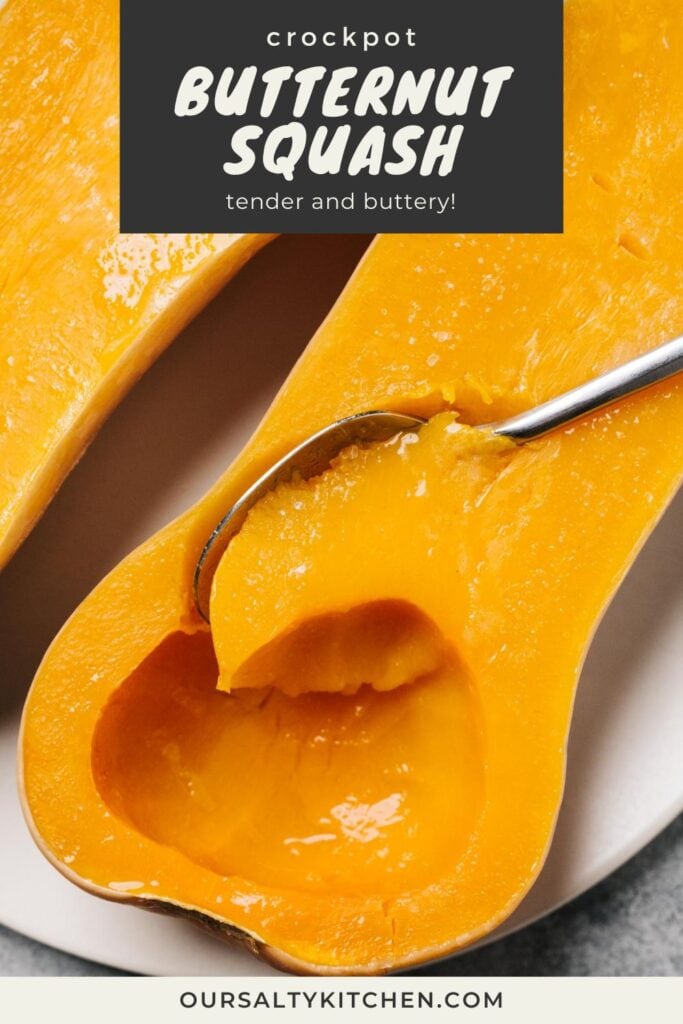 A spoon tucked into a crockpot butternut squash halve showing the tender and buttery texture; title bar at the top reads "crockpot butternut squash".