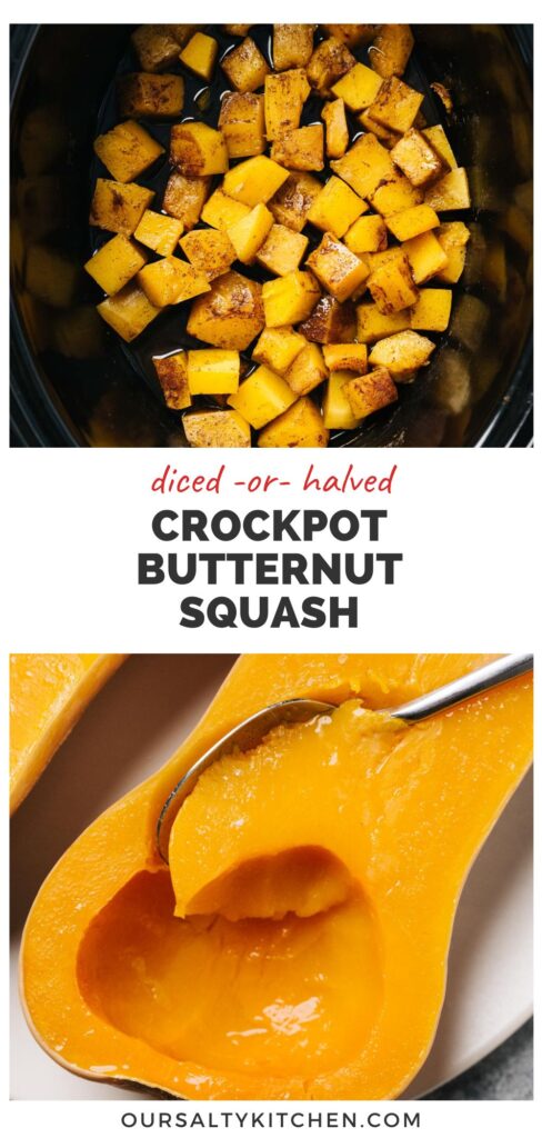 Top - diced cooked butternut squash in a crockpot; bottom - a spoon tucked into half a butternut squash cooked in a slow cooker; title bar in the middle reads "diced or halved crockpot butternut squash".