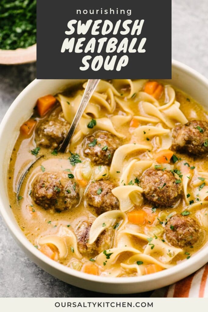 Side view, a bowl of Swedish meatball soup on a cement background with a pinch bowl of chopped fresh parsley in the background, title bar at the top reads "nourishing Swedish meatball soup".
