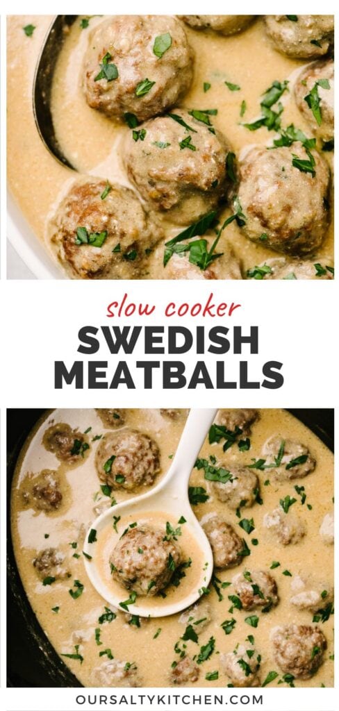 Top - crockpot Swedish meatballs with gravy in a white serving bowl; bottom - homemade Swedish meatballs in a crockpot, garnished with parsley; title bar in the middle reads "slow cooker Swedish meatballs".
