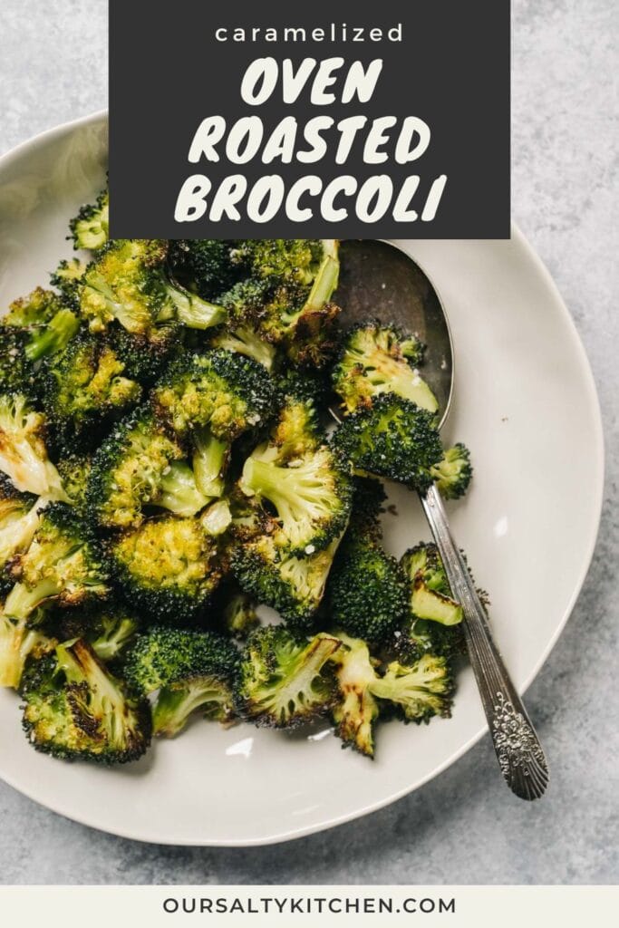 A bowl of roasted broccoli florets with a silver serving spoon; title bar at the top reads "caramelized oven roasted broccoli".