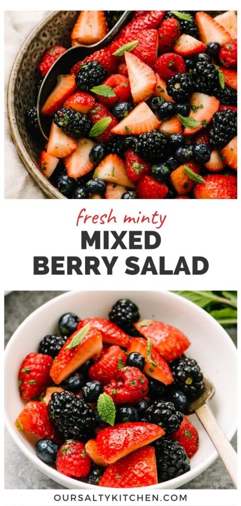 Top - side view, berry salad with mint in a brown speckled bowl; bottom - a fork tucked into a small white bowl of berry fruit salad; title bar in the middle reads "fresh minty mixed berry salad".