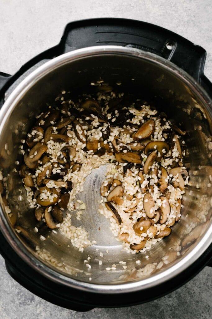 An overhead view showing that the wine has been absorbed and the bottom of the Instant Pot is clean and free from any browned bits.