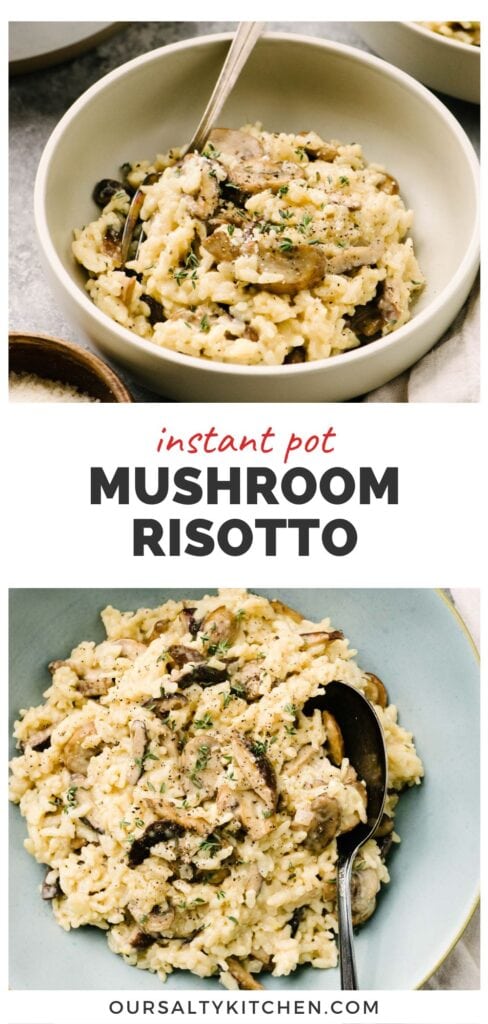 Top - side view, mushroom risotto in a tan bowl with a fork; bottom - Instant Pot mushroom risotto in a blue serving bowl; title bar in the middle reads "Instant Pot mushroom risotto".