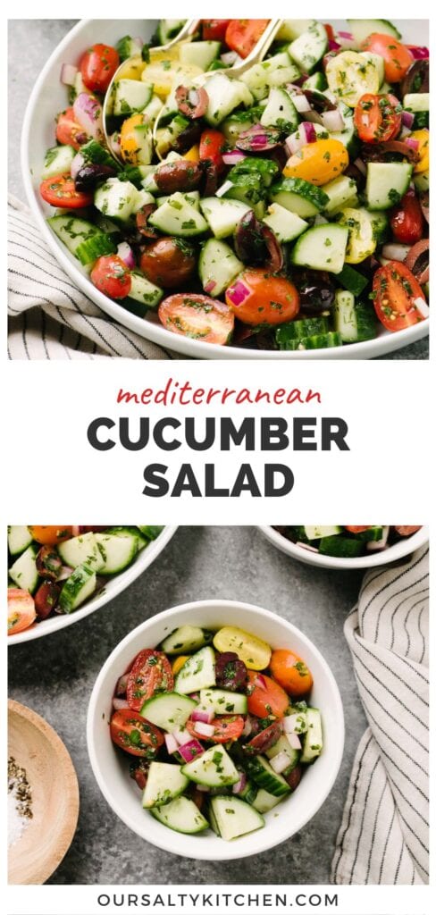 Top - side view, gold serving spoons tucked into a white serving bowl of mediterranean cucumber salad; bottom - a small serving bowl filled with mediterranean cucumber salad surrounded by a large serving bowl, striped linen napkin, and small seasoning bowl with salt and pepper.