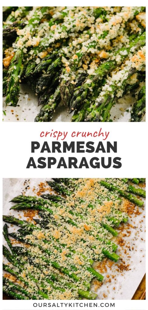 Top - side view, roasted asparagus with parmesan on a tan speckled plate; bottom - garlic parmesan asparagus on a parchment lined baking sheet; title bar in the middle reads "crispy crunchy parmesan asparagus".