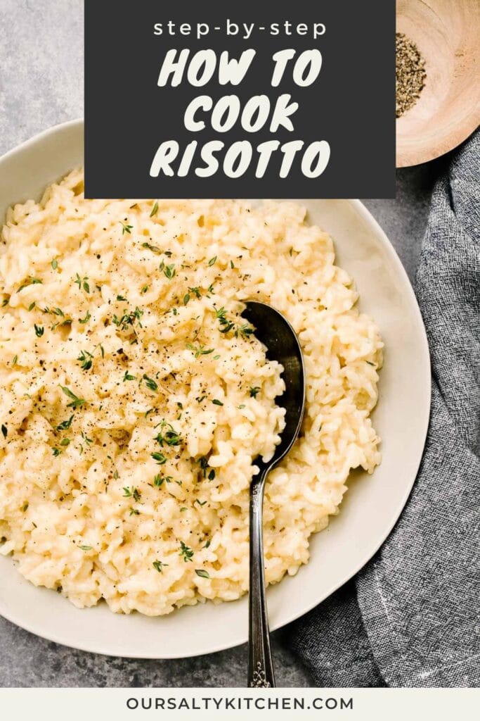 A serving spoon tucked into a bowl of creamy risotto with a bowl of parmesan cheese and dark grey linen napkin to the side; title bar at the top reads "step by step how to cook risotto".