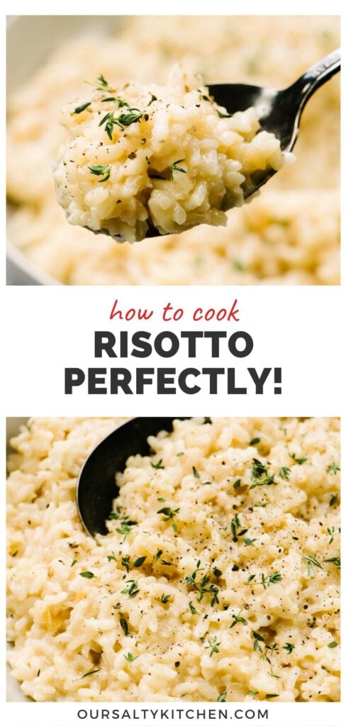Top - a spoonful of risotto hovering over a bowl; bottom - side view, a serving spoon tucked into a bowl of creamy risotto with parmesan; title bar in the middle reads "how to cook risotto perfectly!".