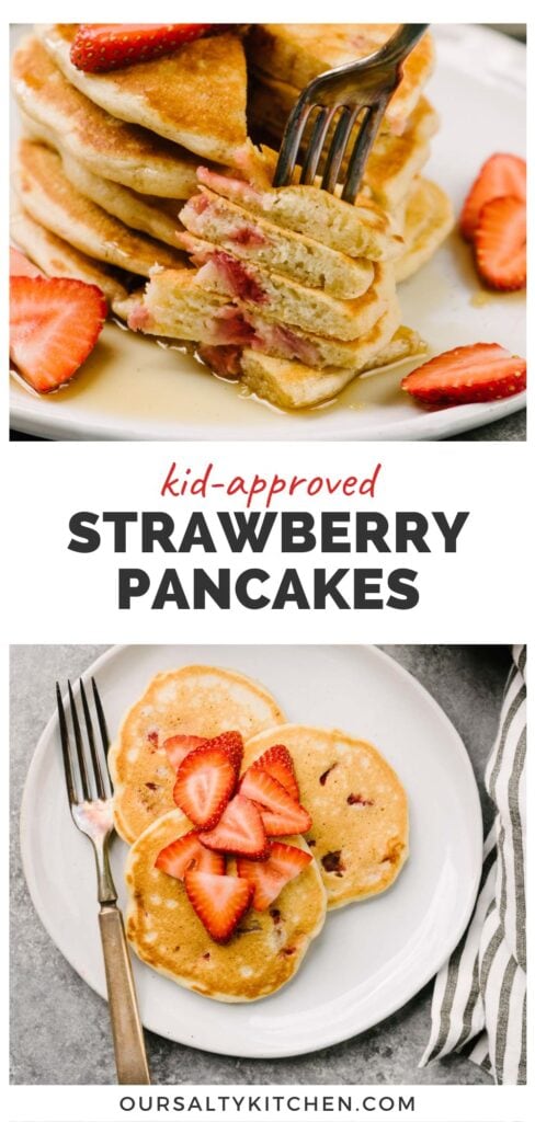 Top - a fork removing a bite from a stack of strawberry pancakes on a white plate; bottom - three strawberry pancakes on a white plate topped with fresh sliced strawberries; title bar in the middle reads "kid approved strawberry pancakes".