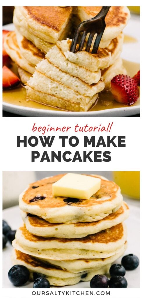 Top - side view, a fork removing a bite from a stack of fluffy homemade pancakes; bottom - side view, a stack of blueberry pancakes on a white plate topped with butter and fresh berries; title bar in the middle reads "beginner tutorial - how to make pancakes".