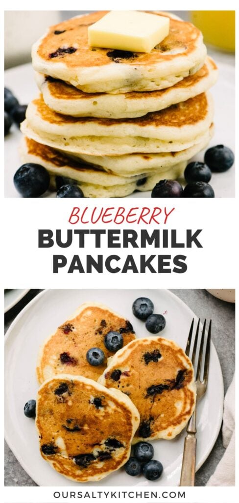 Top - a stack of blueberry pancakes with buttermilk on a white plate topped with a pat of butter; bottom - three blueberry buttermilk pancakes on a white plate with a silver fork and fresh blueberries; title bar in the middle reads "blueberry buttermilk pancakes".