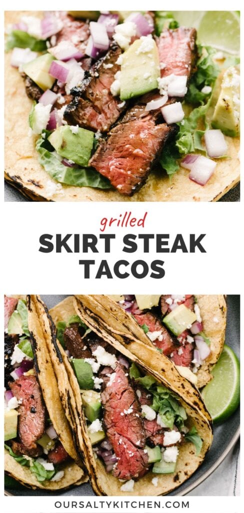 Top - side view, skirt steak slices tucked into warm tortillas topped with avocado, red onion, and cheese; bottom - three skirt steak tacos on a dark grey plate; title bar in the middle reads "grilled skirt steak tacos".