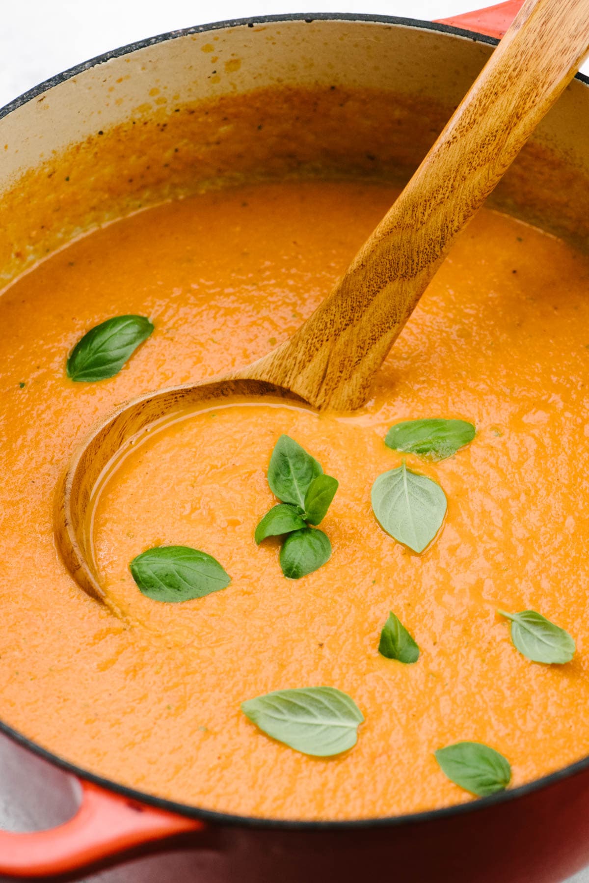 Side view, a ladle tucked into a pot of tomato basil soup garnished with whole basil leaves.