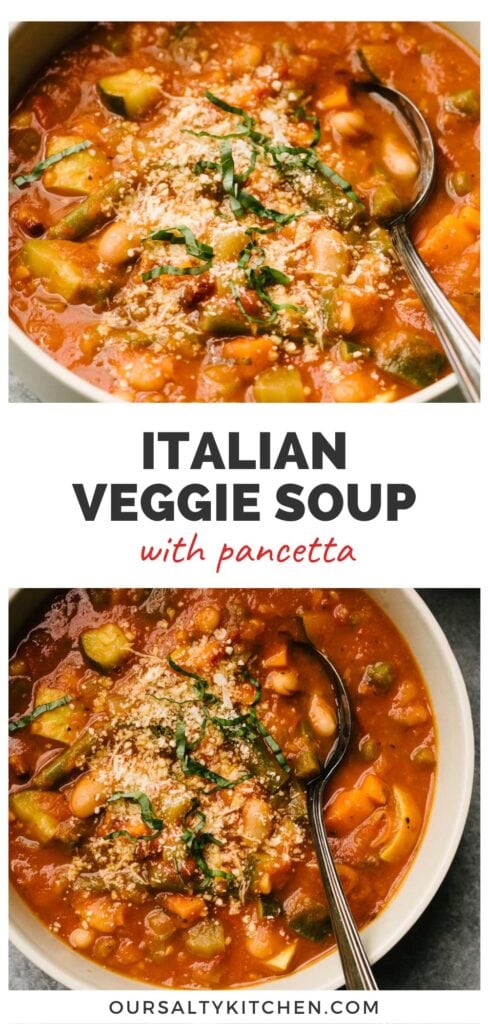 Two images of a soup spoon tucked into a bowl of Italian vegetable soup, garnished with parmesan cheese and fresh basil; title bar at the top reads "Italian vegetable soup with pancetta".