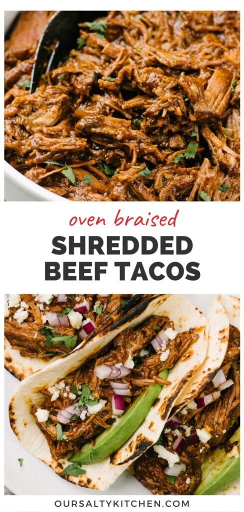 Top - side view, a bowl of Mexican shredded beef garnished with cilantro; bottom - three shredded beef tacos on a white plate garnished with avocado slices, diced red onion, and crumbled queso fresco; title bar in the middle reads "oven braised shredded beef tacos".