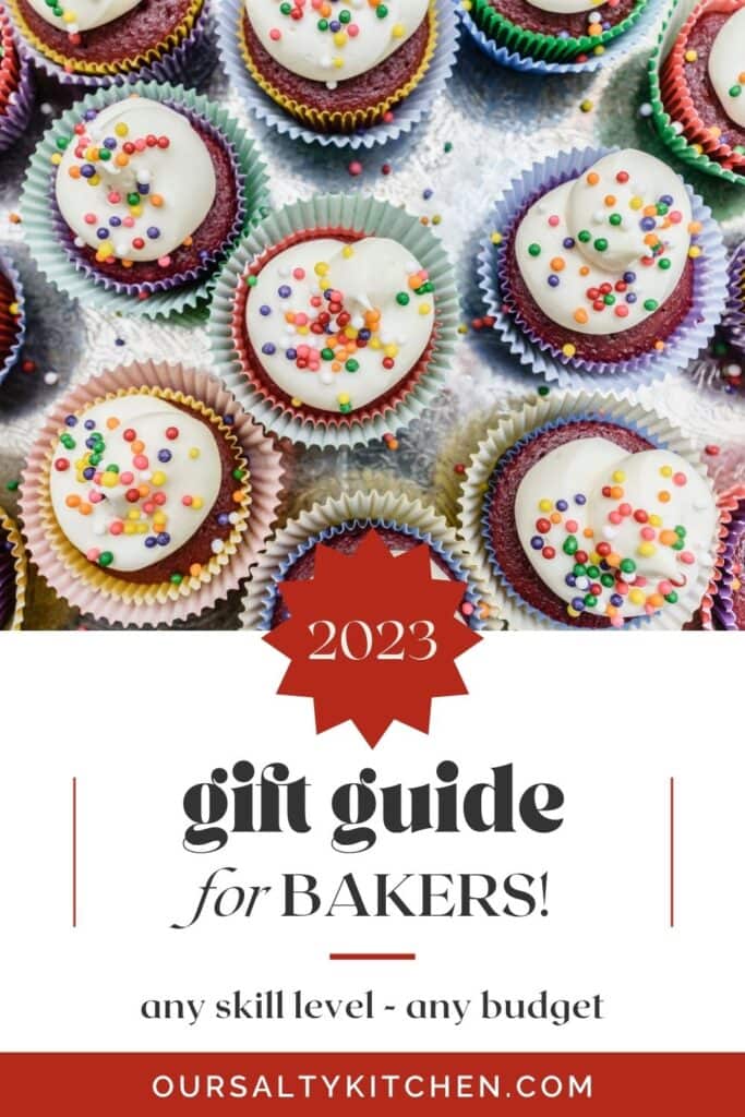 Top - red velvet cupcakes topped with cream cheese frosting and colorful sprinkles on a silver serving tray; bottom - a text block that reads "2023 gift guide for bakers".