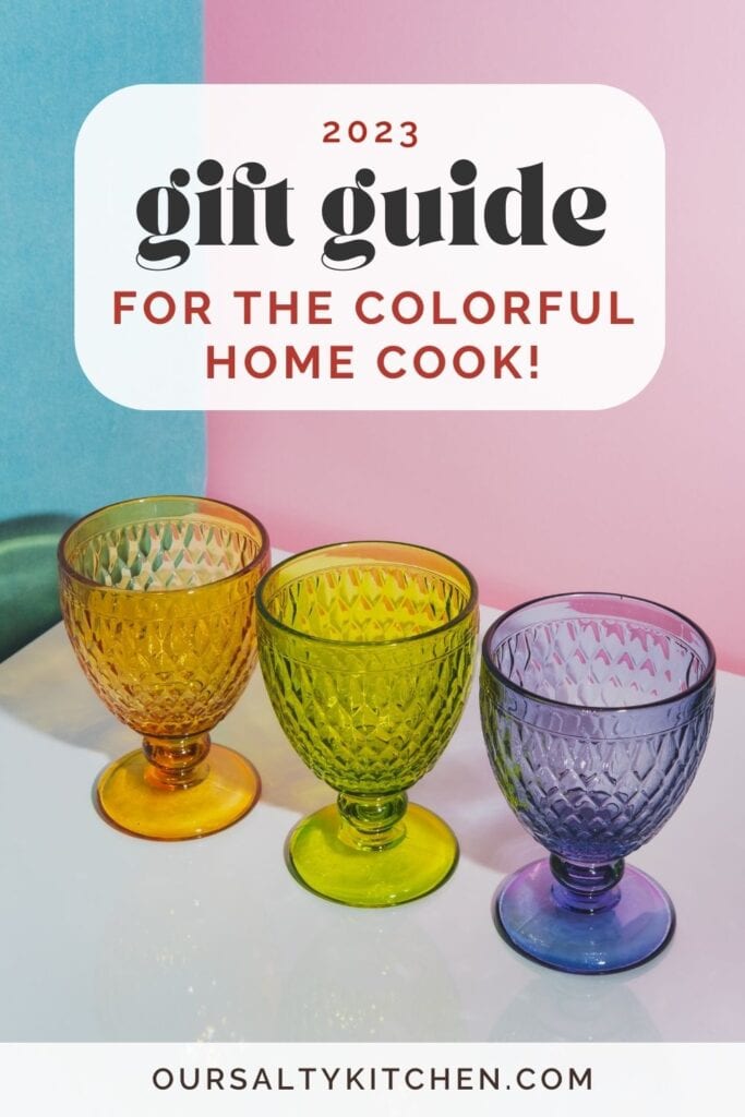 Side view, color vintage glasses against a pink and blue background; text overlay reads "2023 gift guide for the colorful home cook".