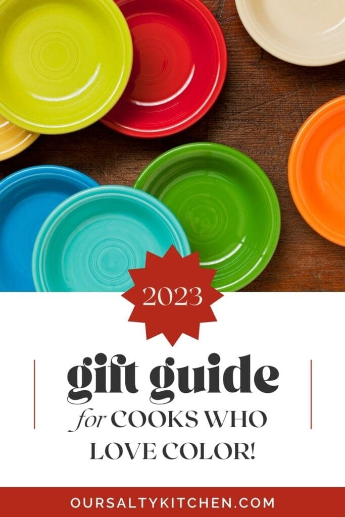 Top - various bold colored solid plates arranged over a wood background; text box at the bottom reads "2023 gift guide for cooks for lover color".