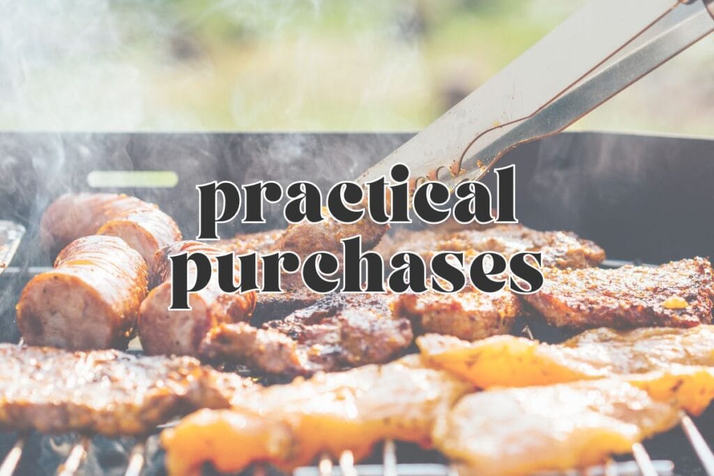 Side view, tongs turning various meats on a grill; text overlay reads "practical purchases".