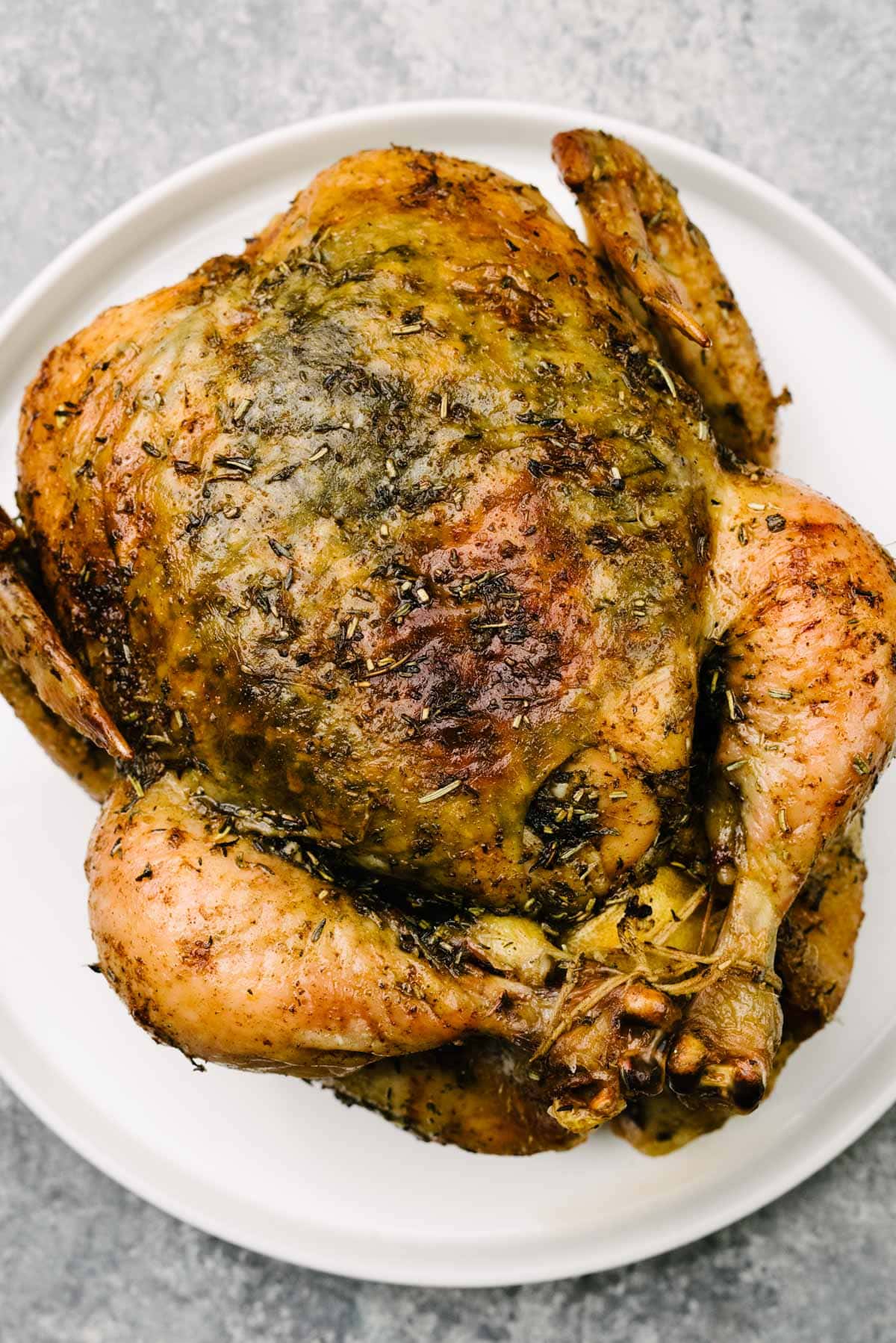 An herb roasted chicken fresh from the oven with golden brown skin on a white plate.