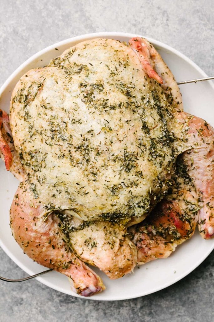 An herb crusted chicken on a trivet in a shallow bowl showing what the skin looks like after 24 hours of dry brining - the skin is pick and puckered in places.