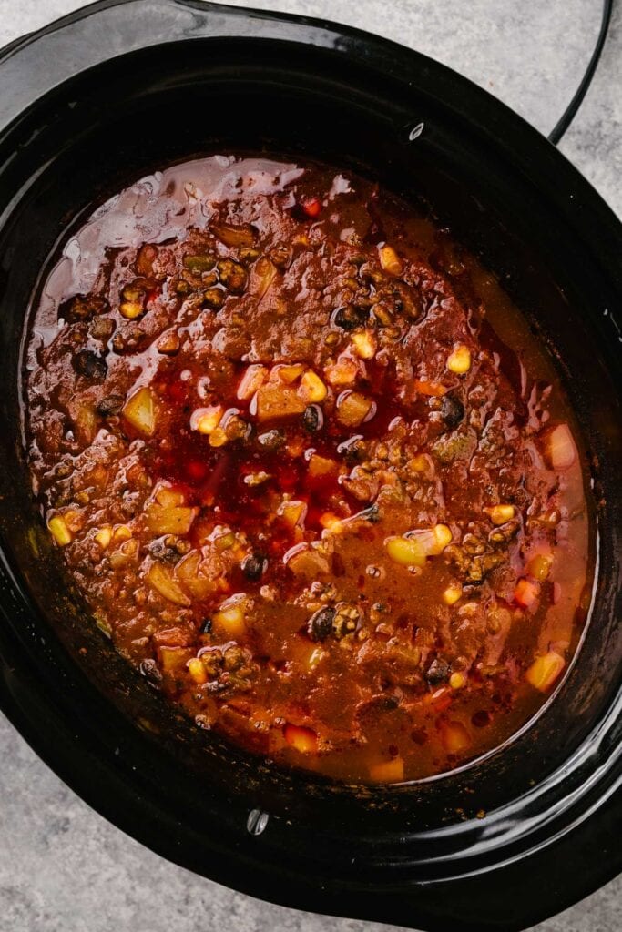Taco soup in a crockpot after slow cooking.